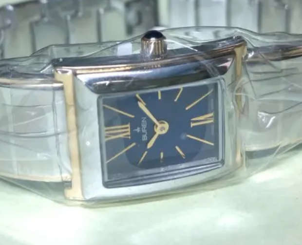 BUREN Two-Tone Stainless Steel Ladies Watch - Rectangular Dial / Blue Face / Gold Markers